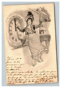 Vintage 1900's New Year's Postcard Beautiful Girl Flute of Champagne Spanish