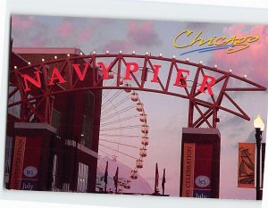 Postcard Navy Pier Sign & Ferris Wheel Pink Dusk Sky Chicago Illinois USA