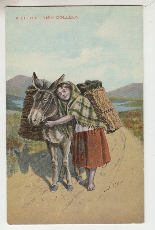 P2975, old postcard cute young girl barefoot with donkey on scenic trail, nice