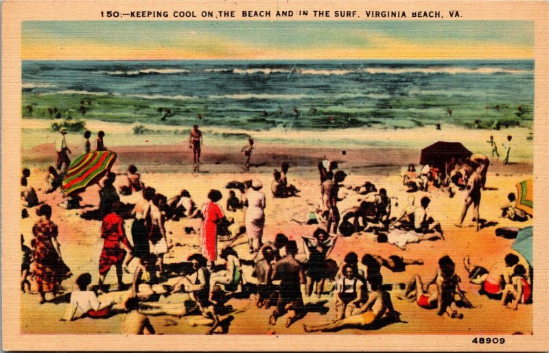 Postcard VA Virginia Beach Keeping Cool on Beach and in Surf Beach scene