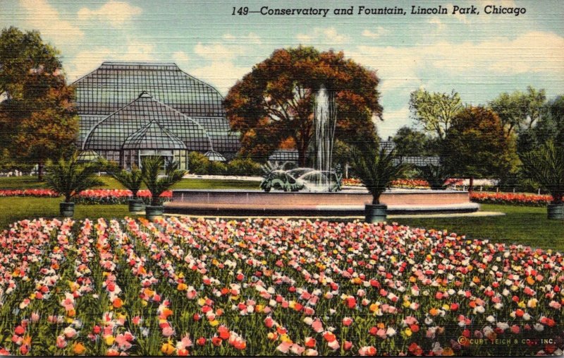 Illinois Chicago Lincoln Park Conservatory and Fountain 1947 Curteich