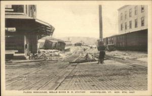 Montpelier VT Wells River RR Train Station Dlood Wreckage 1927 Postcard