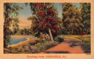 Vernfield Pennsylvania Greetings From road by lake linen antique pc Z44396