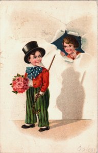 Nice Dressed Boy with a Hat and a Cute Girl Vintage Postcard C225