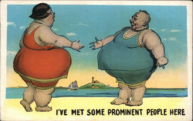 Fat Man and Woman Bathing Beauty Bathing Suits Fat Jokes Vintage Postcard