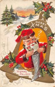 E46/ Santa Claus Merry Christmas Holiday Postcard c1910 Smoking Pipe Bell 6