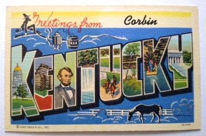 Greetings From Corbin Kentucky Postcard Large Letter Curt Teich Horse Lincoln