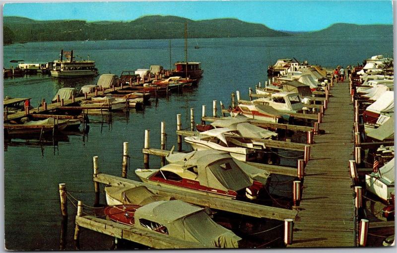 Lake Front Motel Marina, Otsego Lake, Boats Docks Cooperstown NY Postcard J16