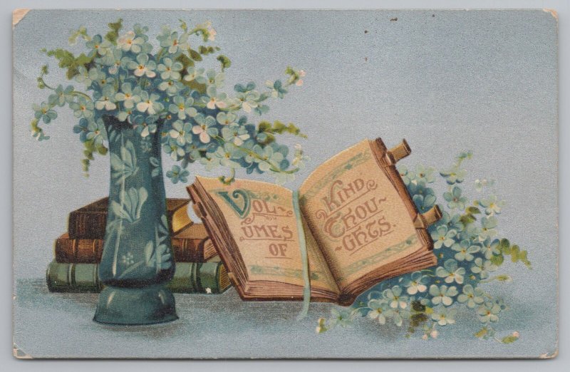 Greetings~Blue Flowers In Blue Vase~Books Stacked And Open~Vintage Postcard 