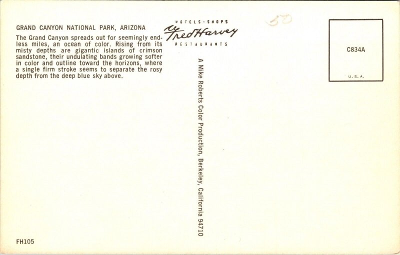 Grand Canyon National Park Arizona AZ Postcard UNP VTG Fred Harvey Unused 