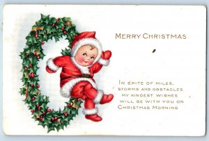 Christmas Postcard Wreath Berries Cute Little Boy Hamilton Maine ME 1915 Antique
