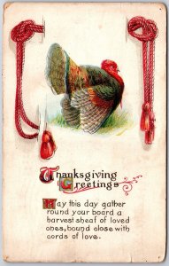 1914 Thanksgiving Greetings Bound Close With Cords & Love Turkey Posted Postcard