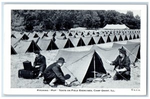 c1920 Pitching Pup Tents Field Soldiers Exercises Camp Grant Illinois Postcard