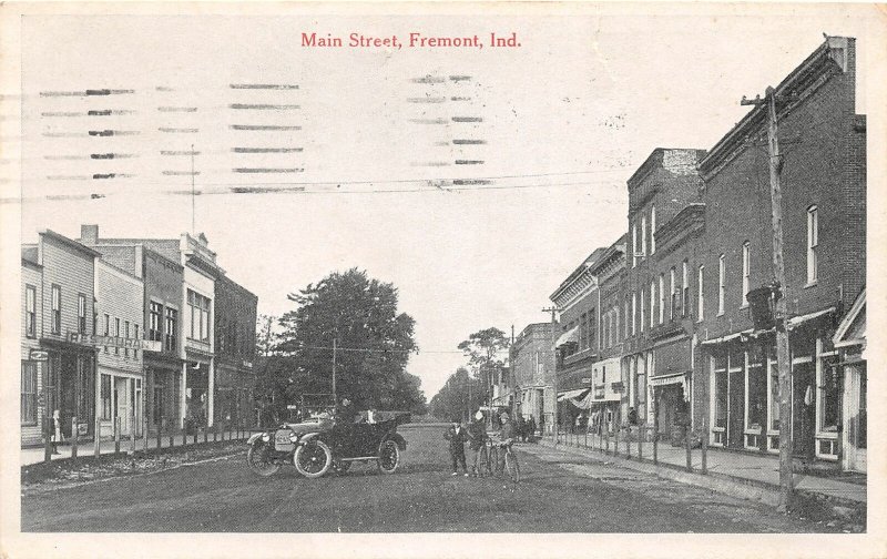 F73/ Fremont Indiana Postcard 1921 Main Street Stores Automobile