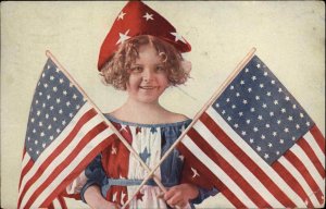 Patriotic Little Girl American Flags Propaganda c1910 Vintage Postcard