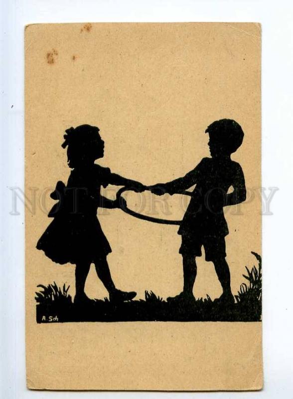 236127 SILHOUETTE Anna SCHIRMER children OLD Russian postcard