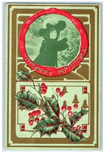 1909 Merry Christmas Little Girl Holly Berries Embossed Moline IL Postcard