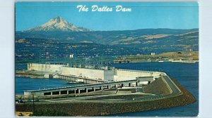 Aerial View Postcard The Dalles Dam w/ Mt Hood in the distance