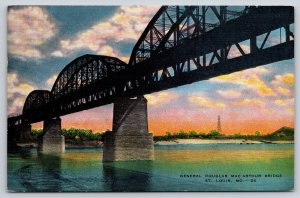 St Louis Missouri~General Douglas MacArthur Bridge~Sunset~Linen 1943 Postcard