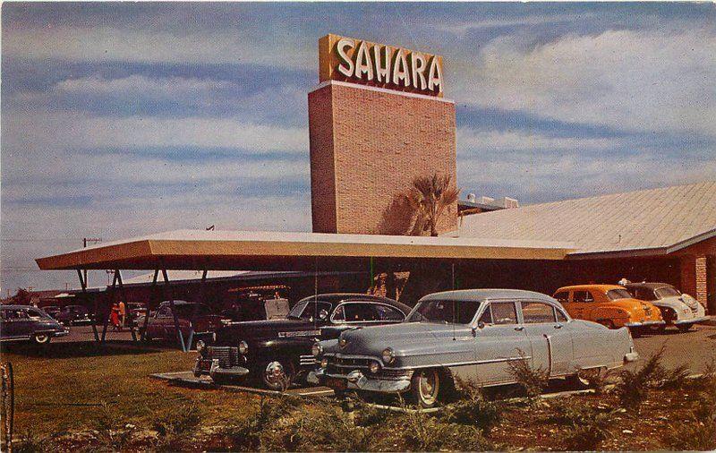 Autos Casino Hotel Sahara 1950s Roberts roadside postcard 8668