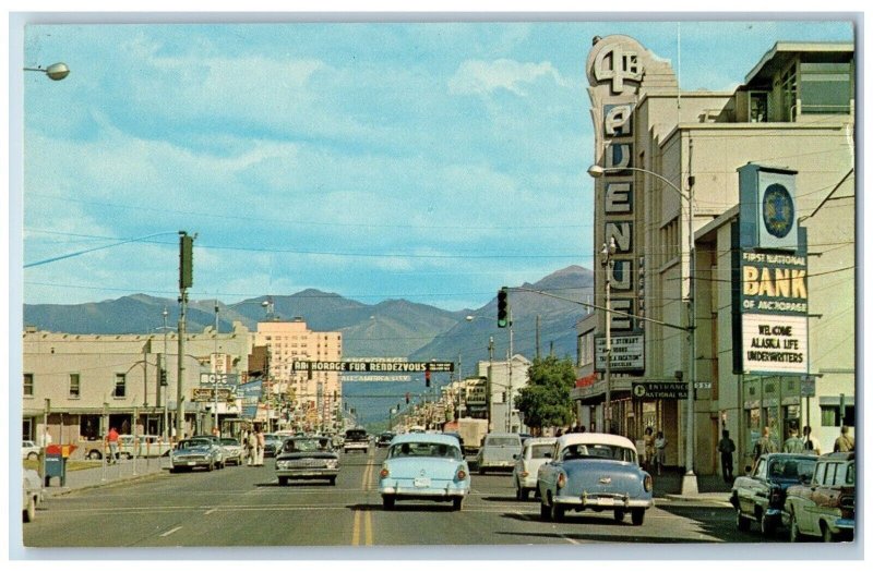 Anchorage Alaska AK Postcard Street View Avenue Theatre First National Bank Cars