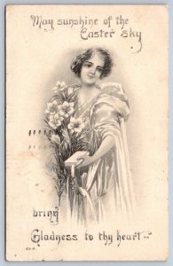 Woman Holding Bible And Lilies, 1915 Gartner & Bender Easter Greetings Postcard