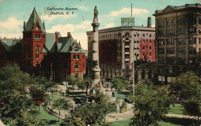 Vintage Postcard 1911 Lafayette Square Buffalo NY New York Park Statue