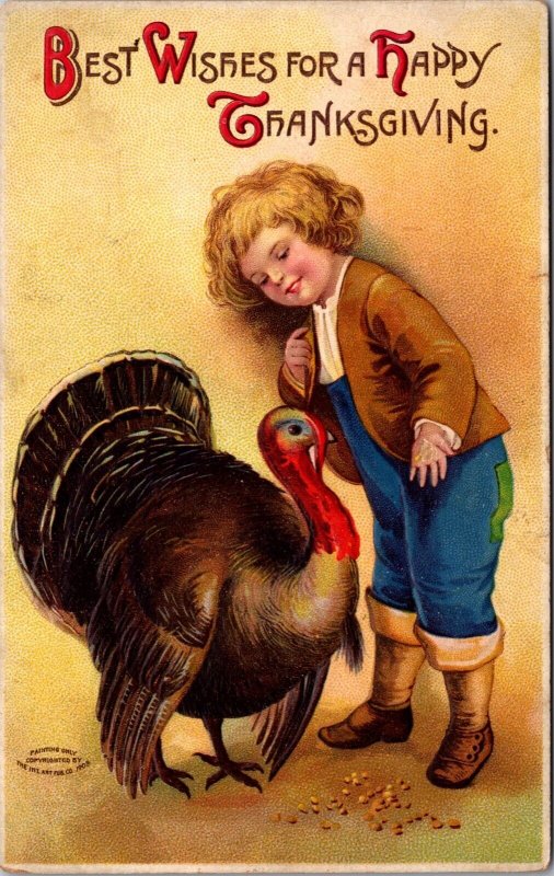 Thanksgiving Postcard Little Boy Feeding Turkey with Corn