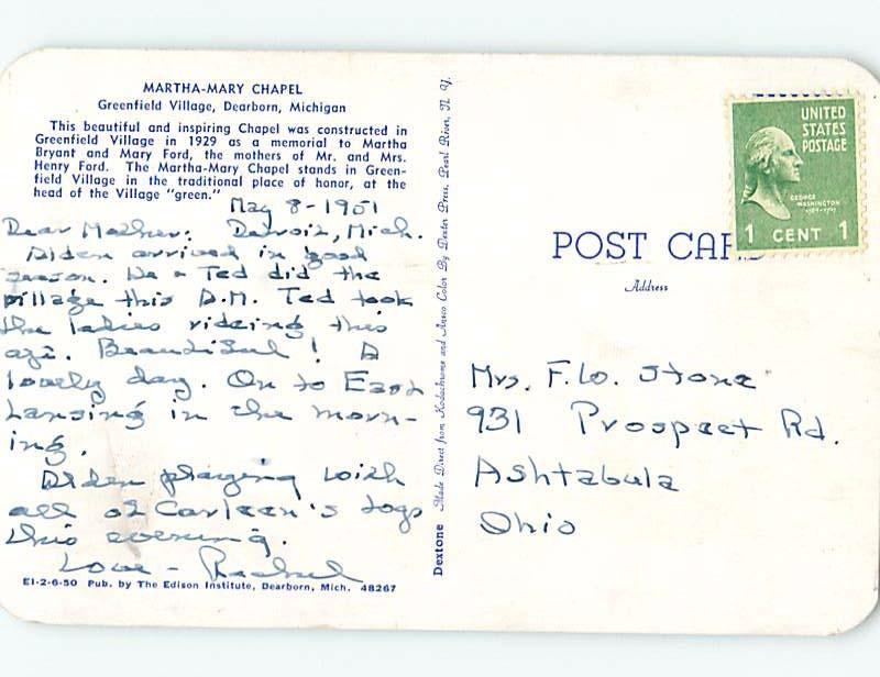 Pre-1980 GREENFIELD VILLAGE CHAPEL Dearborn - Near Detroit Michigan MI A9284