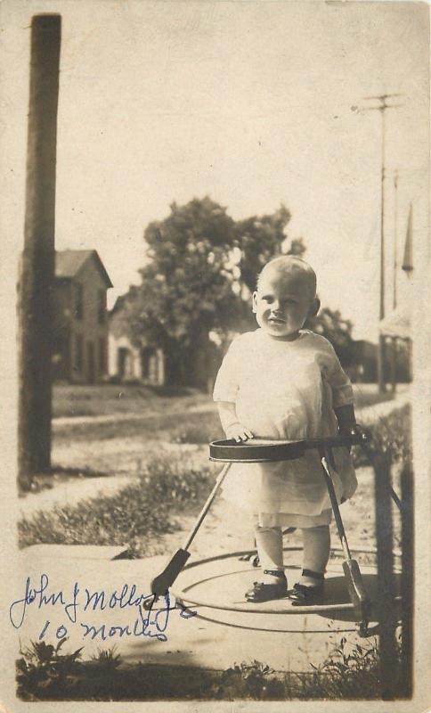 Ten Month Old John Molloy Jr~Vintage Rolling Wooden Baby Walker~1905 RPPC 