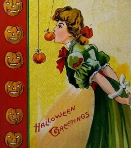 Halloween Postcard Victorian Lady EC Banks Apple Games Rows Of JOL Pumpkins 1909