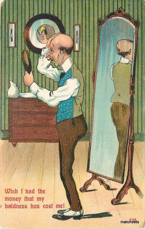 Artist impression Interior Bald Man in Mirror C-1910 postcard 10093