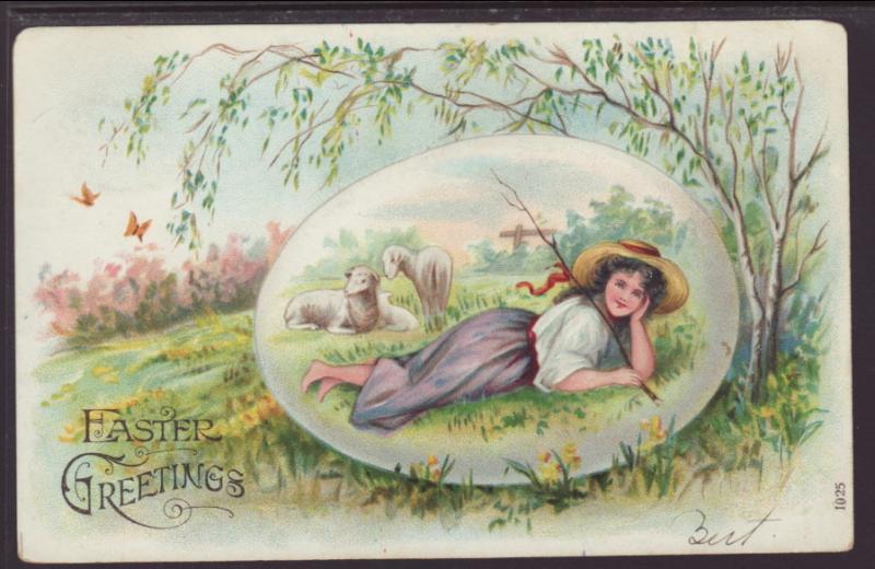 Easter Greetings,Girl,Sheep Postcard