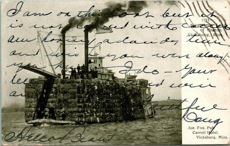 Vtg Postcard 1907 Vicksburg Mississippi MS - Steamboat Load of Cotton UDB