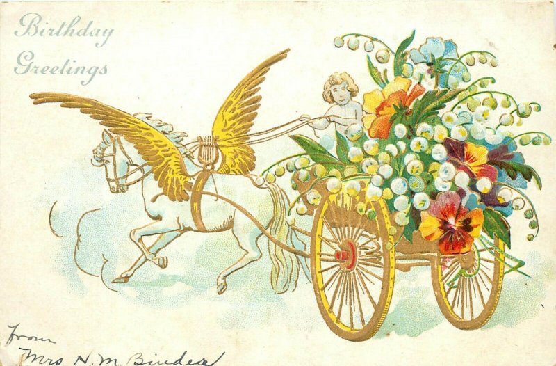 Pegasus with a Chariot pm 1907 Birthday Greetings Postcard