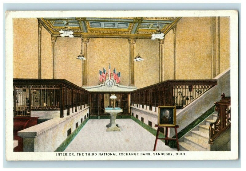 c. 1920 Third National Bank Lobby View Sandusky, OH Postcard P16