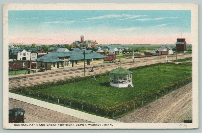 Warren Minnesota~Big Bandstand in Central Park~Great Northern RR Depot~1919 PC