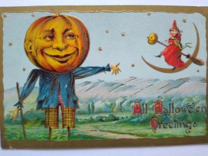 Vintage Halloween Postcard Gottschalk Big Head Human Face Scarecrow Witch 2040