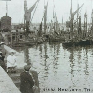 Man with Children Fishing From Harbour Steps Margate Kent Antique Postcard 1921
