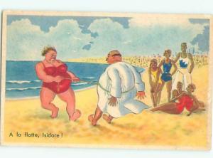 foreign Old Comic CHUBBY FAT FRENCH WOMAN PULLING HUSBAND WITH ROPE AC3730