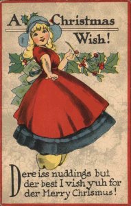 Christmas Cute Little Dutch Girl With Holly Vintage Postcard