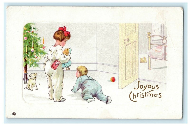 1913 Christmas Children Girl w/ Doll Baby Dog Christmas Tree Ransom IL Postcard 