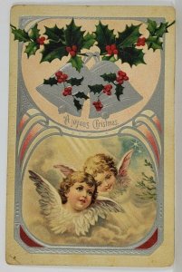 Christmas Greetings Silver Bells Lovely Cherubs c1910 Postcard S1