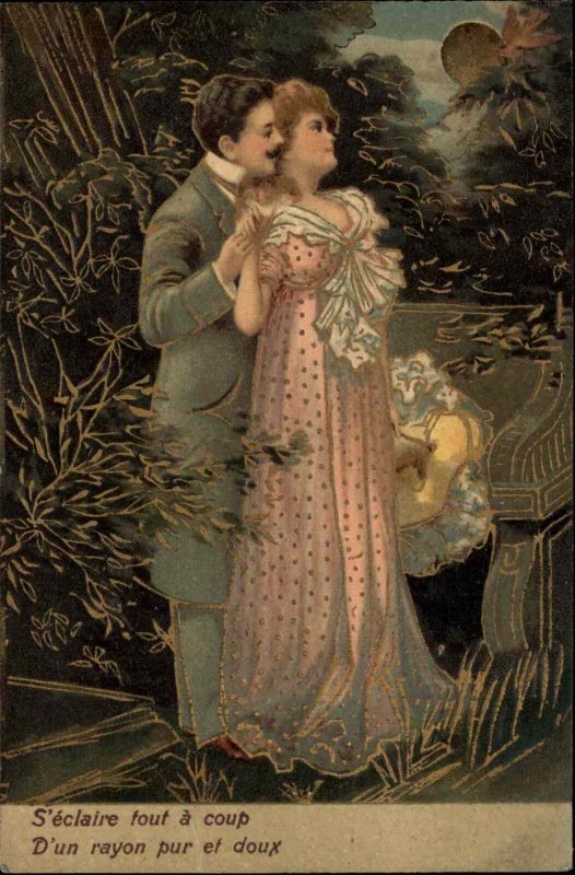 PFB 3951 French Romance Couple Meet Under Moonlight c1910 Postcard