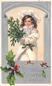 Christmas Greetings Girl in White Holding Pine Branches Vintage Postcard AA72140