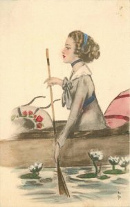 Artist Impression Lady Canoe Paddle water Lilly C-1910 Postcard 20-1075