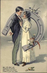 FRENCH ROMANCE Pretty Victorian Boy & Girl w Horseshoe EMBOSSED c1910 PC