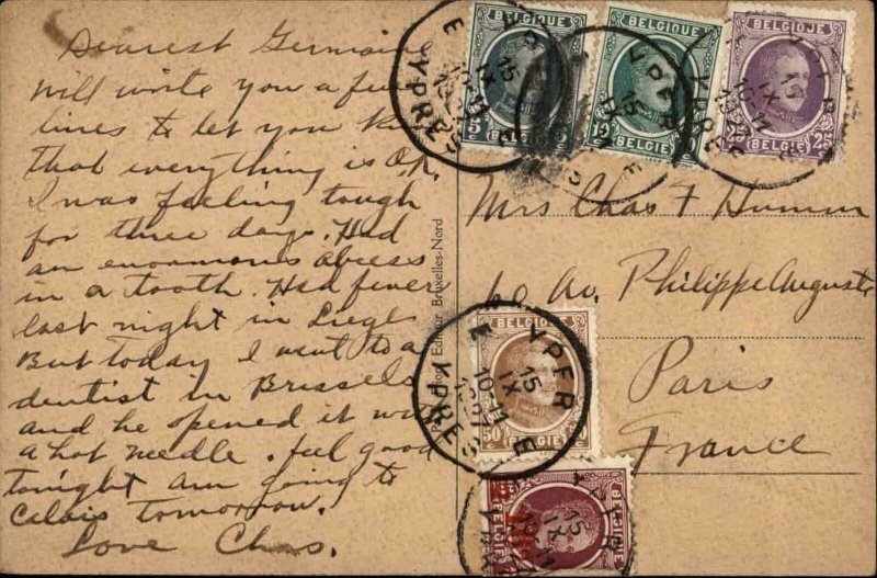 WWI Ypres Belgium Crisp Image Cannon Place de la Gare MULTIPLE STAMPS/CANCELS