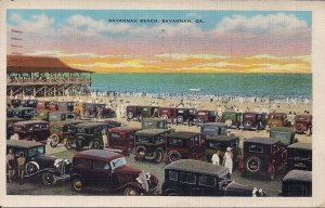Savannah GA, Beach View w Great Old Cars, 1937 Postmark, White Border PC