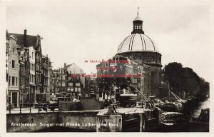 Netherlands, Amsterdam, RPPC, Singel met Ronde Luthersche Kerk, Lutheran Church